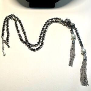 WHBM Silver tone vegan leather faux pearl tassel knitted long necklace